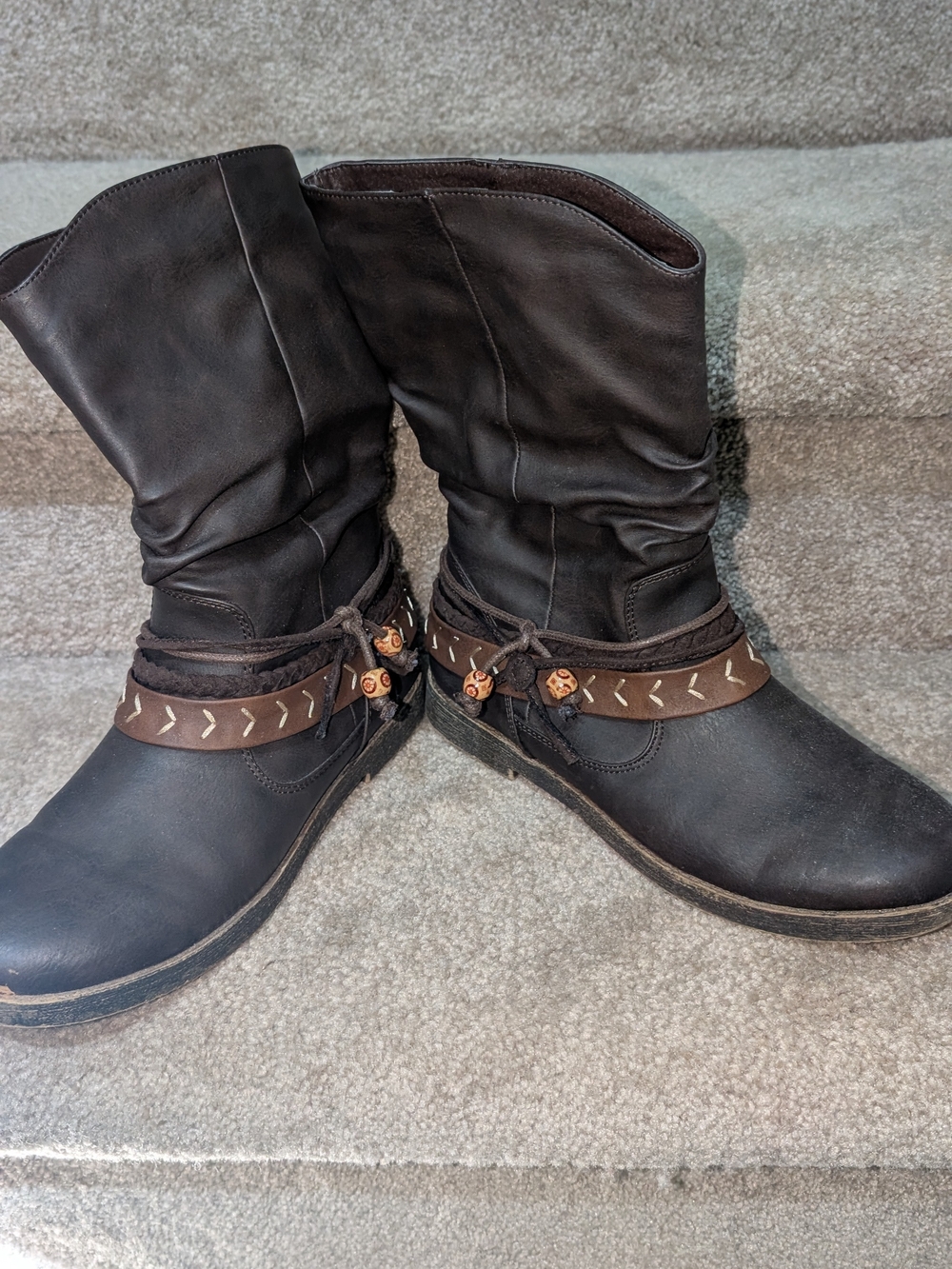 Sugar Dark Brown Mid-Calf Heeled Boots with Strap Detail